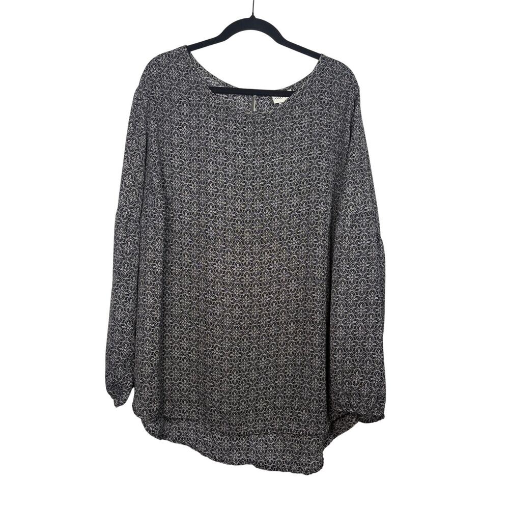 Ava & Viv Black White Boho Geometric Medallion Blouse Long Sleeve Plus Size 3X